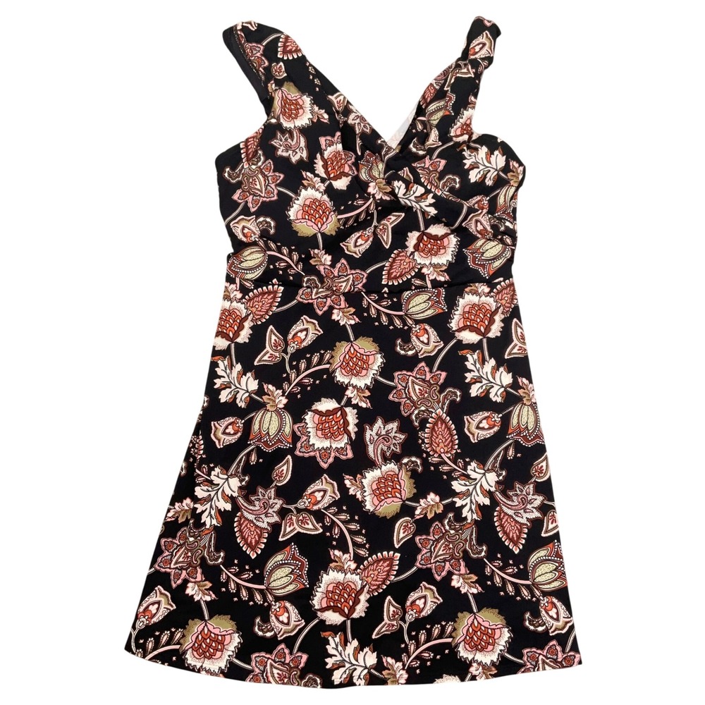 Lands' End Swim Dress Womens 12 Black Paisley Floral Brief 1Pc Modest Boho